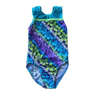 GK Elite Gymnastics Leotard Child Medium Floral Blue, Purple and Green